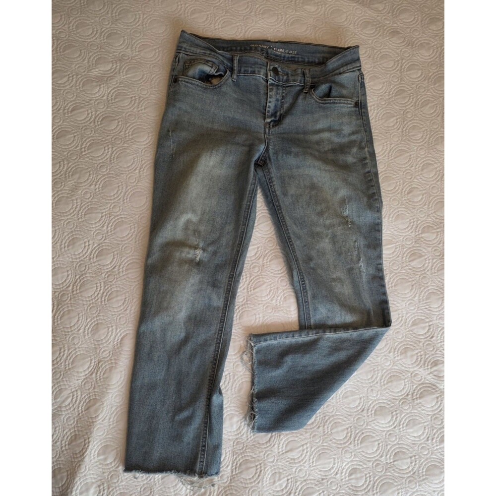 Old Navy Womens Jeans Mid Rise Flare Size 6 Distressed Legs Frayed Hem Blue
